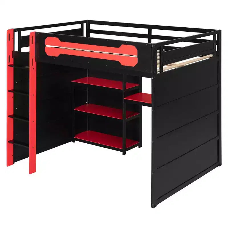 Letto a soppalco da gaming Full Size con mensole, scrivania e luce
