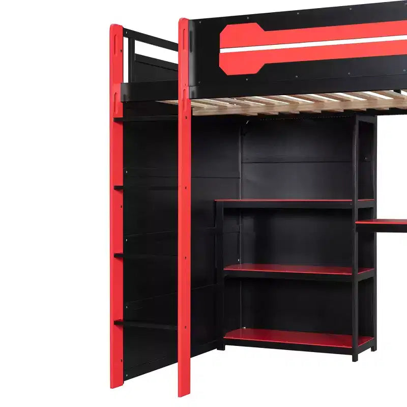 Letto a soppalco da gaming Full Size con mensole, scrivania e luce