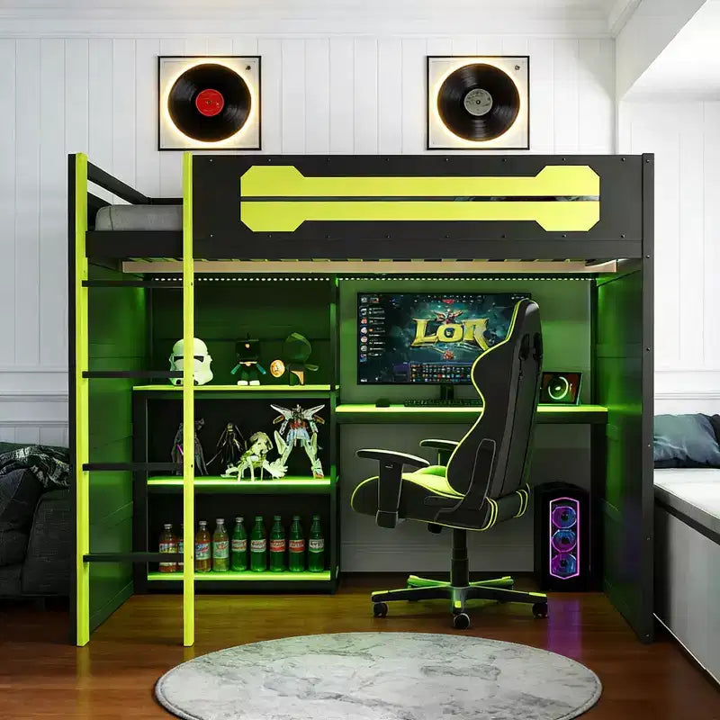 Letto a soppalco da gaming Full Size con mensole, scrivania e luce