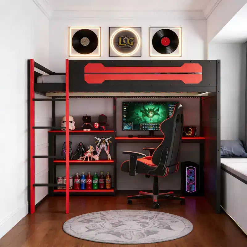 Letto a soppalco da gaming Full Size con mensole, scrivania e luce