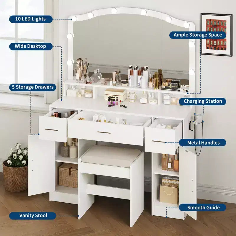 Toeletta in legno con specchio illuminato a LED e stazione di ricarica, moderna scrivania da trucco con cassetti e armadietti per la camera da letto