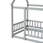 Letto a piattaforma singolo a forma di casa con struttura del tetto e recinzione