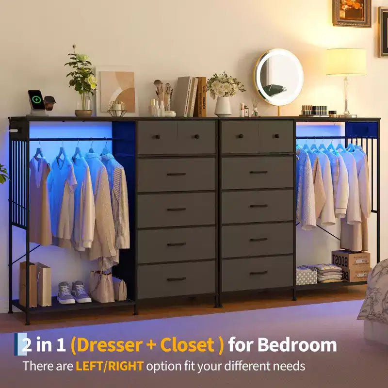 Comò ampio 124 cm per camera da letto con appendiabiti, cassettiera reversibile a 6 cassetti, luci a LED e stazione di ricarica USB, pannelli frontali in tessuto