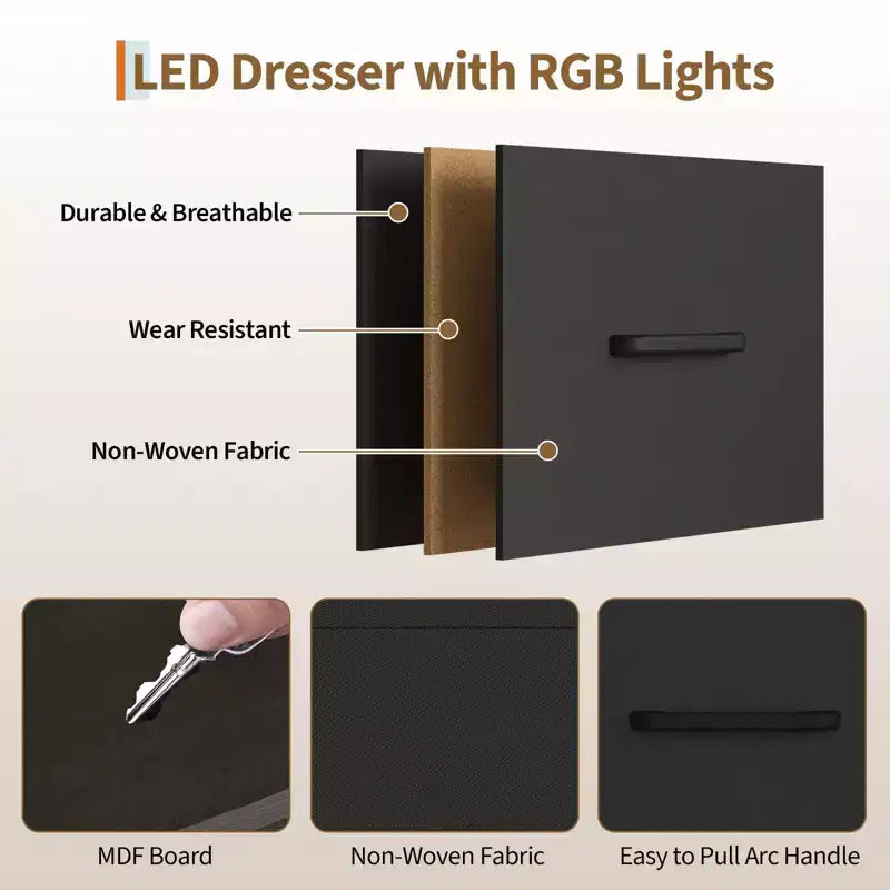 Comò ampio 124 cm per camera da letto con appendiabiti, cassettiera reversibile a 6 cassetti, luci a LED e stazione di ricarica USB, pannelli frontali in tessuto