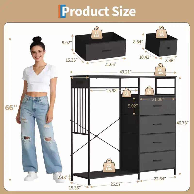 Comò ampio 124 cm per camera da letto con appendiabiti, cassettiera reversibile a 6 cassetti, luci a LED e stazione di ricarica USB, pannelli frontali in tessuto