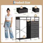 Comò ampio 124 cm per camera da letto con appendiabiti, cassettiera reversibile a 6 cassetti, luci a LED e stazione di ricarica USB, pannelli frontali in tessuto