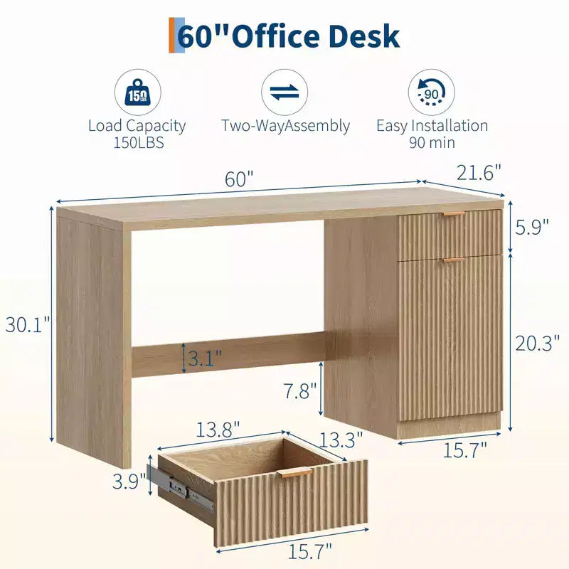 Scrivania direzionale scanalata da 60 pollici con mobiletto contenitore - Moderna scrivania da ufficio in legno con cassetti per studio o ufficio a casa - Rovere naturale