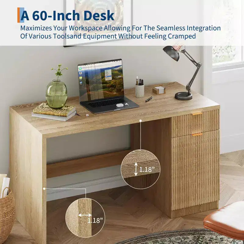 Scrivania direzionale scanalata da 60 pollici con mobiletto contenitore - Moderna scrivania da ufficio in legno con cassetti per studio o ufficio a casa - Rovere naturale