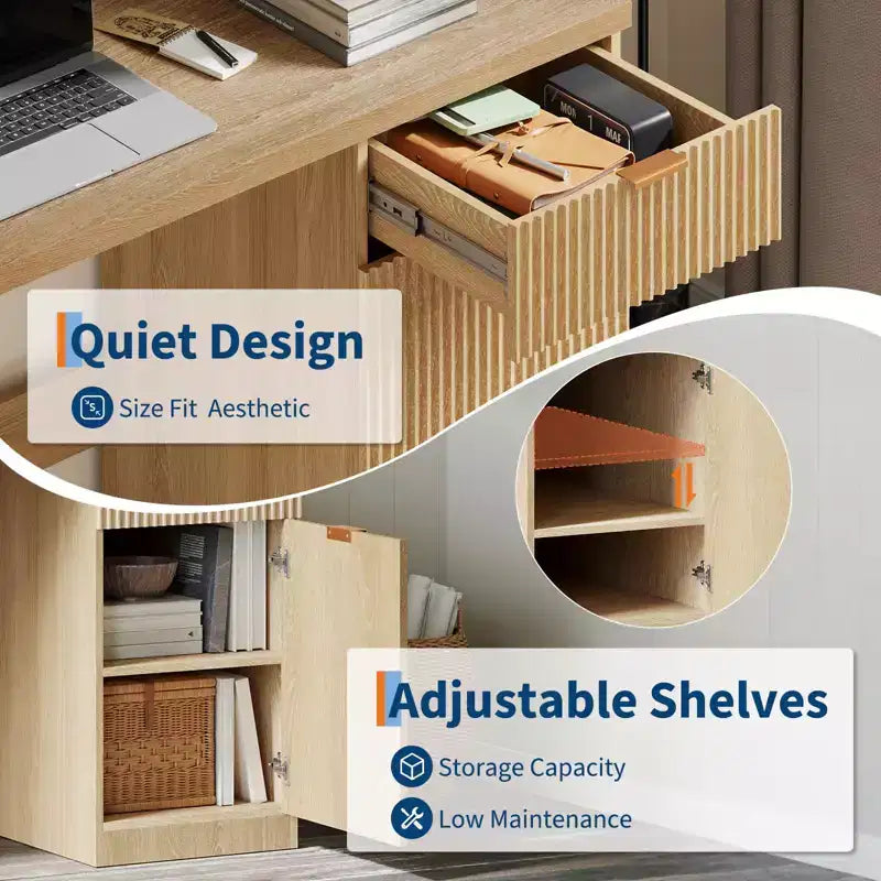 Scrivania direzionale scanalata da 60 pollici con mobiletto contenitore - Moderna scrivania da ufficio in legno con cassetti per studio o ufficio a casa - Rovere naturale