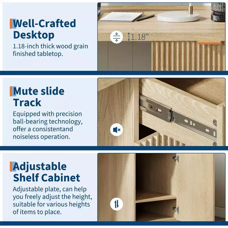Scrivania direzionale scanalata da 60 pollici con mobiletto contenitore - Moderna scrivania da ufficio in legno con cassetti per studio o ufficio a casa - Rovere naturale