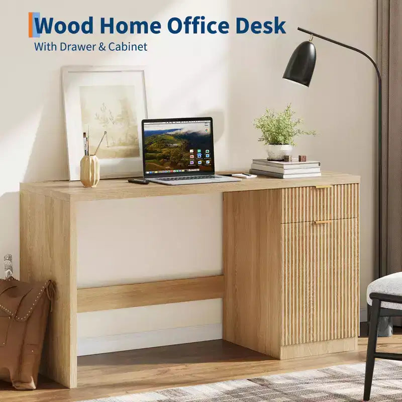 Scrivania direzionale scanalata da 60 pollici con mobiletto contenitore - Moderna scrivania da ufficio in legno con cassetti per studio o ufficio a casa - Rovere naturale