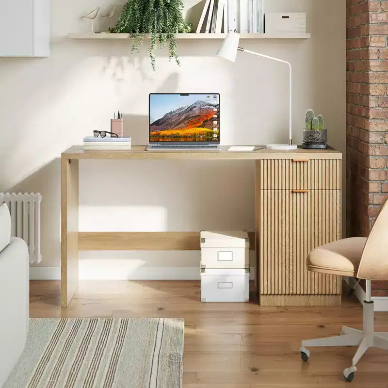 Scrivania direzionale scanalata da 60 pollici con mobiletto contenitore - Moderna scrivania da ufficio in legno con cassetti per studio o ufficio a casa - Rovere naturale