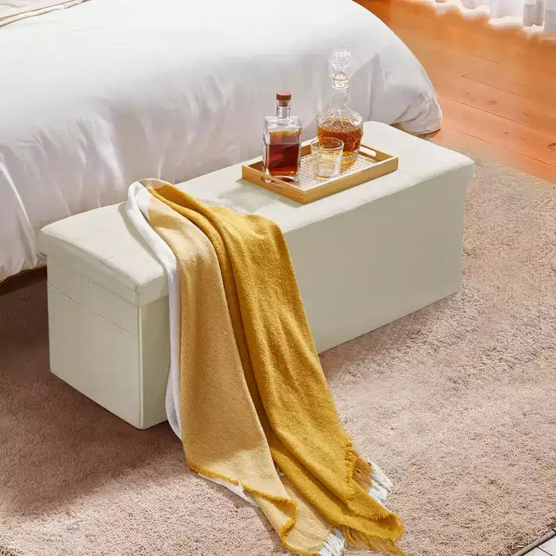 Panca Pouf Contenitore Pieghevole, Panca da Fondo Letto con Tasche Laterali, Baule Contenitore Pieghevole Imbottito Supporta 300 kg, Pouf Letto in Lino, Beige