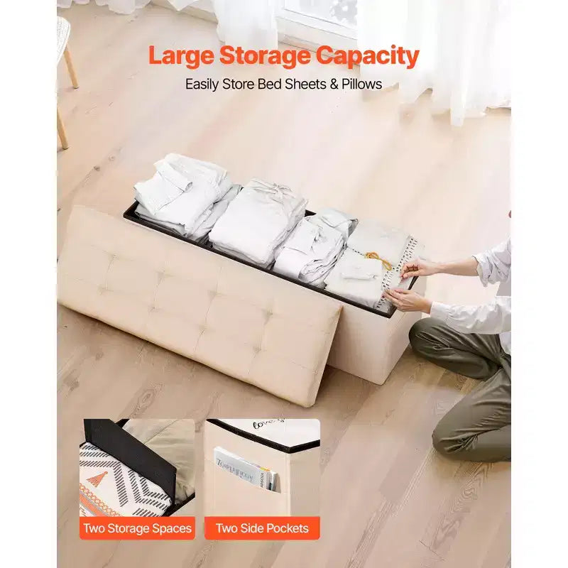 Panca Pouf Contenitore Pieghevole, Panca da Fondo Letto con Tasche Laterali, Baule Contenitore Pieghevole Imbottito Supporta 300 kg, Pouf Letto in Lino, Beige