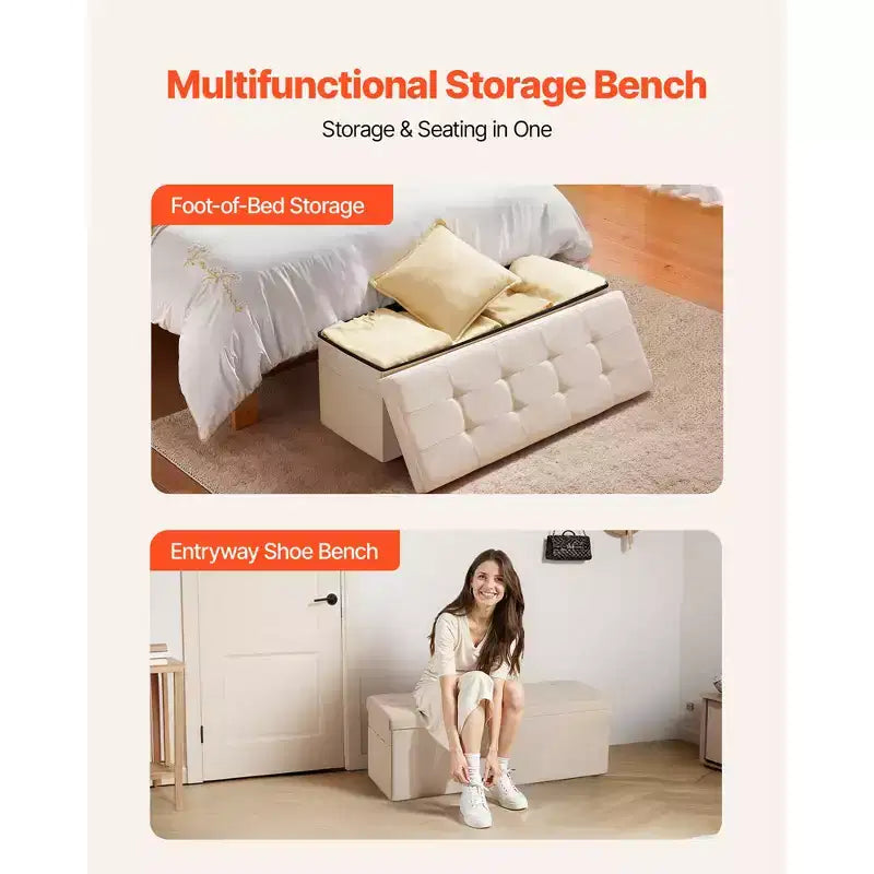 Panca Pouf Contenitore Pieghevole, Panca da Fondo Letto con Tasche Laterali, Baule Contenitore Pieghevole Imbottito Supporta 300 kg, Pouf Letto in Lino, Beige