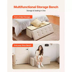 Panca Pouf Contenitore Pieghevole, Panca da Fondo Letto con Tasche Laterali, Baule Contenitore Pieghevole Imbottito Supporta 300 kg, Pouf Letto in Lino, Beige
