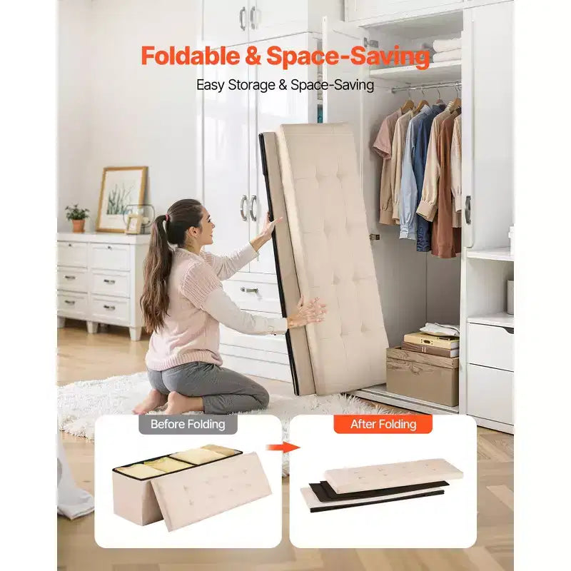 Panca Pouf Contenitore Pieghevole, Panca da Fondo Letto con Tasche Laterali, Baule Contenitore Pieghevole Imbottito Supporta 300 kg, Pouf Letto in Lino, Beige