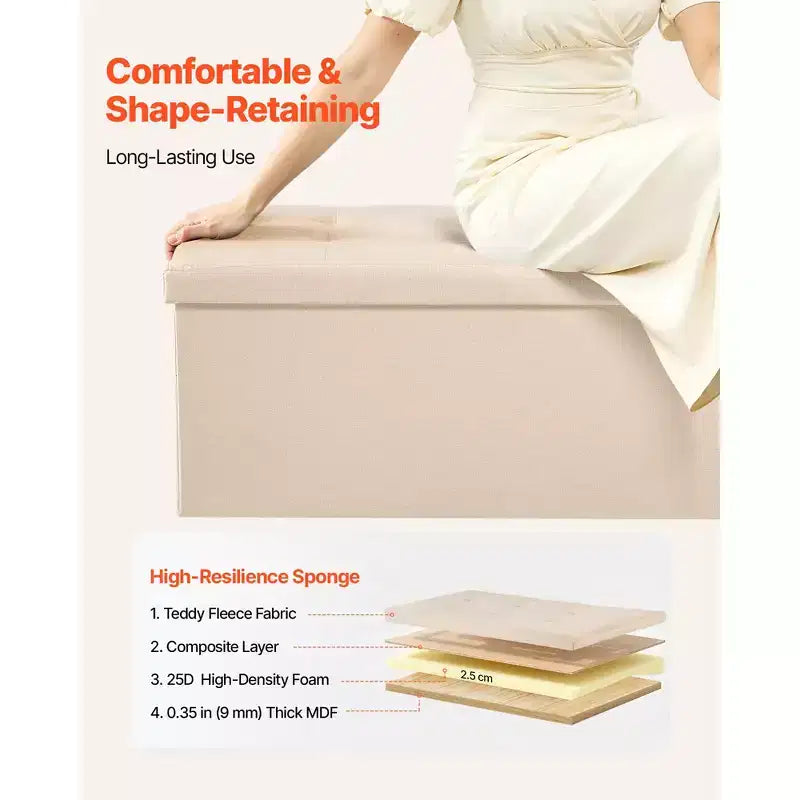 Panca Pouf Contenitore Pieghevole, Panca da Fondo Letto con Tasche Laterali, Baule Contenitore Pieghevole Imbottito Supporta 300 kg, Pouf Letto in Lino, Beige