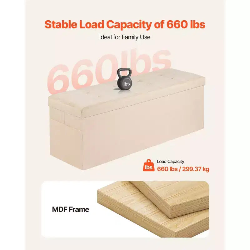 Panca Pouf Contenitore Pieghevole, Panca da Fondo Letto con Tasche Laterali, Baule Contenitore Pieghevole Imbottito Supporta 300 kg, Pouf Letto in Lino, Beige