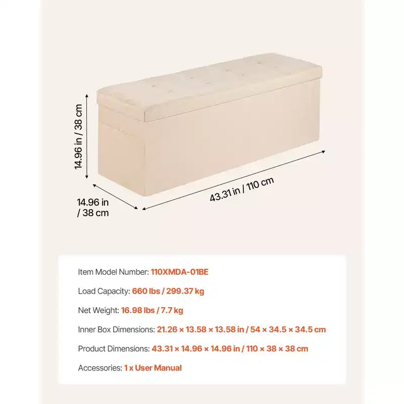 Panca Pouf Contenitore Pieghevole, Panca da Fondo Letto con Tasche Laterali, Baule Contenitore Pieghevole Imbottito Supporta 300 kg, Pouf Letto in Lino, Beige