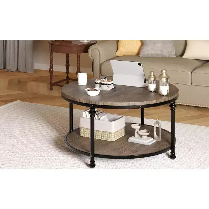 Tavolino da caffè. Tondo in Legno Vintage Retrò. Tavolino a 2 Livelli. Tavolino da Salotto. Tavolino d'Appoggio con 4 Gambe a Colonna per Soggiorno. Salotto. Ufficio