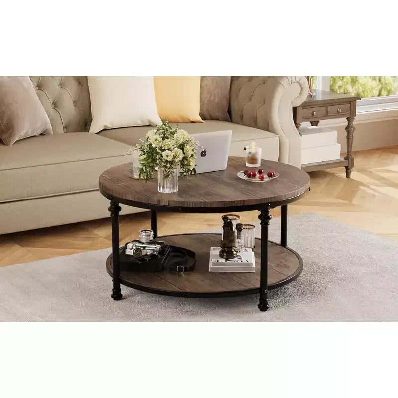 Tavolino da caffè. Tondo in Legno Vintage Retrò. Tavolino a 2 Livelli. Tavolino da Salotto. Tavolino d'Appoggio con 4 Gambe a Colonna per Soggiorno. Salotto. Ufficio