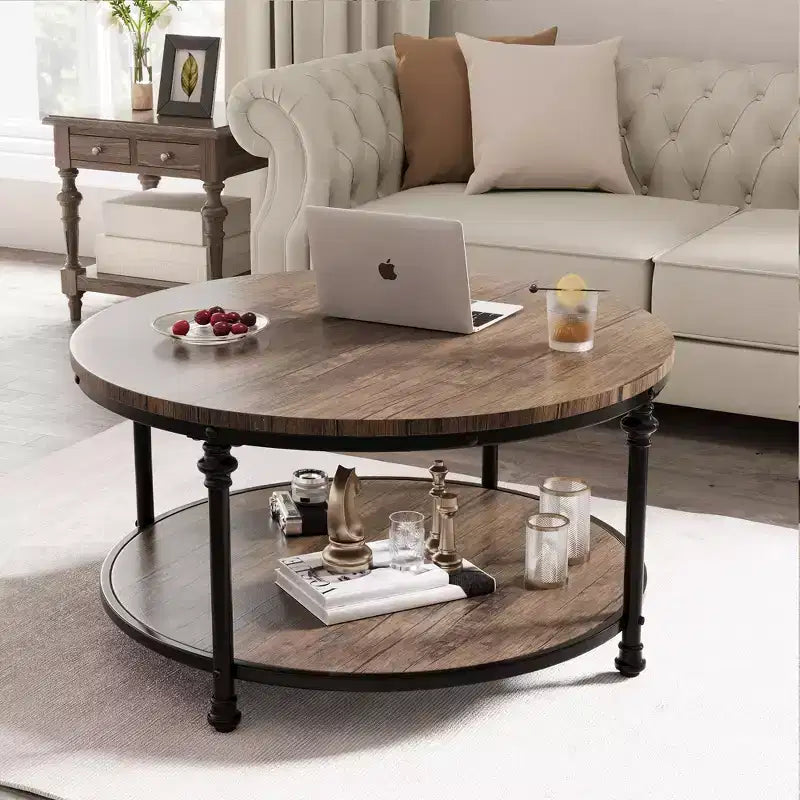 Tavolino da caffè. Tondo in Legno Vintage Retrò. Tavolino a 2 Livelli. Tavolino da Salotto. Tavolino d'Appoggio con 4 Gambe a Colonna per Soggiorno. Salotto. Ufficio