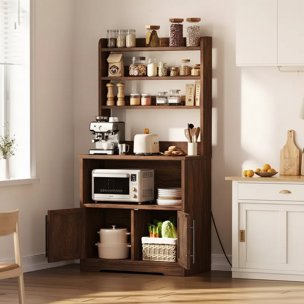 Supporto per Microonde da Fattoria con Presa di Corrente e Porte USB, Piano Ispessito, Organizzatore per Elettrodomestici da Cucina per Soggiorno, Sala da Pranzo