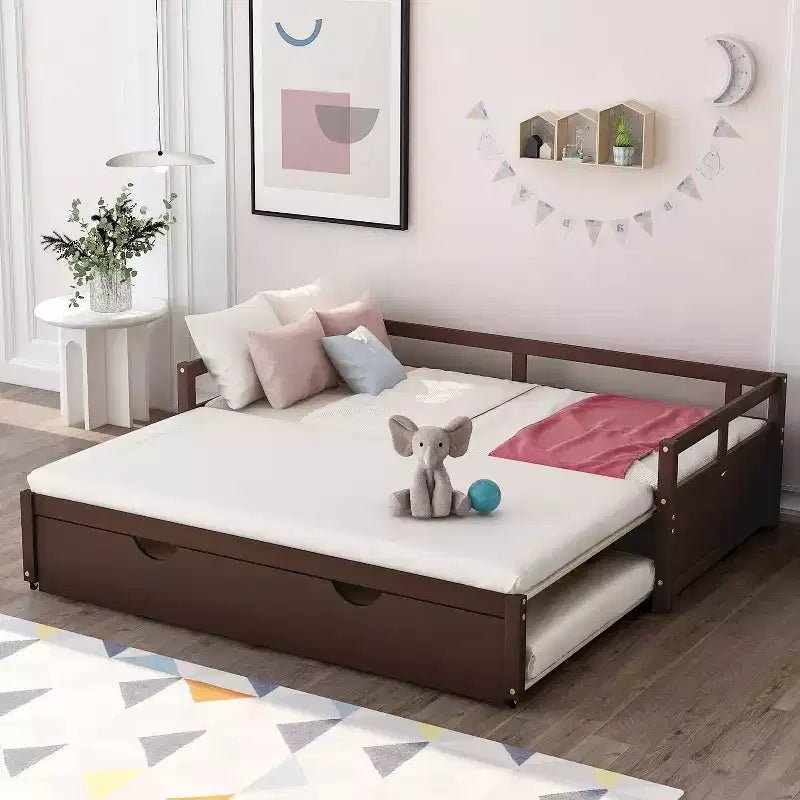 Okak Twin Size Extending Design Daybed with Trundle/Drawers & Safety Rails,Solid Wood Platform Bed Frame for Teens,Adults