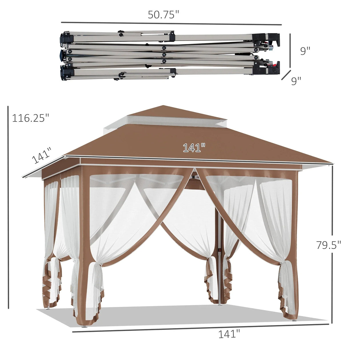 Outsunny 12 x 12 Pop Up Canopy Sun Shade Instant Tent Folding with Mesh Sidewall Netting, 3-Level Adjustable Height