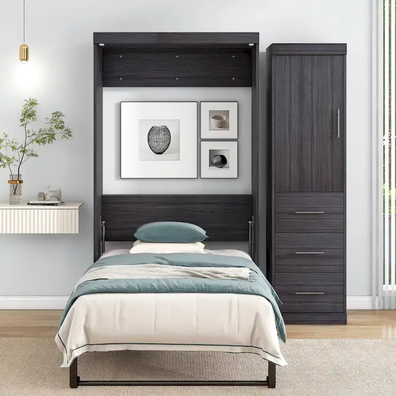 Gray Twin Size Foldable Murphy Bed Cabinet with 1 Wardrobe and 3 Drawers for 1 Person