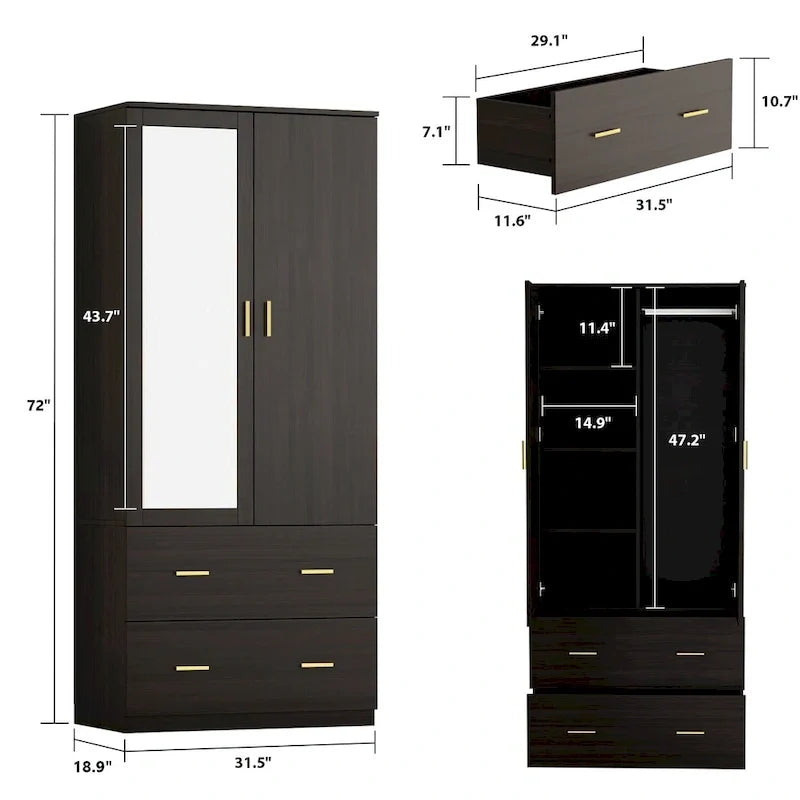 Armoire à deux portes avec miroir, blanc/brun foncé, 31,5L x 72H po – 31,5L x 72H po