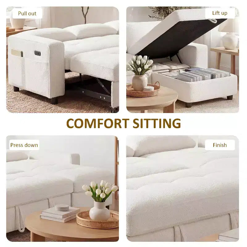 Canapé-lit convertible, canapé-lit en forme de L de 81 po avec méridienne de rangement réversible/port USB/poche latérale/assemblage sans outils, velours côtelé beige