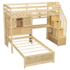 Wood Twin Size Bunk Bed with Desk and Staircase, L-Shaped Twin over Twin Loft Bed with Storage Compartments and Shelves
