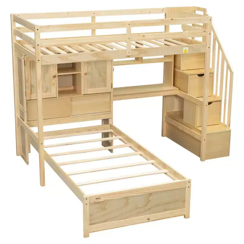 Wood Twin Size Bunk Bed with Desk and Staircase, L-Shaped Twin over Twin Loft Bed with Storage Compartments and Shelves