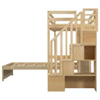 Wood Twin Size Bunk Bed with Desk and Staircase, L-Shaped Twin over Twin Loft Bed with Storage Compartments and Shelves