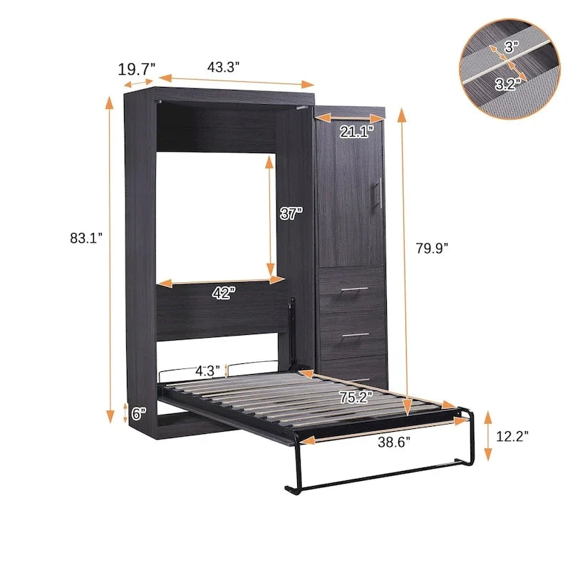 Gray Twin Size Foldable Murphy Bed Cabinet with 1 Wardrobe and 3 Drawers for 1 Person
