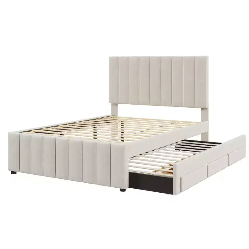 Full Size Upholstered Platform Bed with Twin Size Trundle and 3 Drawers, Linen Fabric, Beige