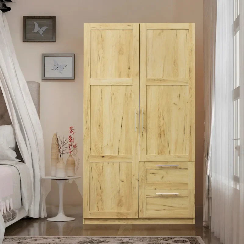 White Wood Wardrobe Armoire Storage Cabinet with Doors,Drawers,Hanging Rod