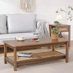 Bekrvio 47.2'' Boho Mid Century Modern Coffee Table, 2-Tier Rustic Rectangle Wood Center Table with Wood Legs & Rattan Shelf, for Living Room