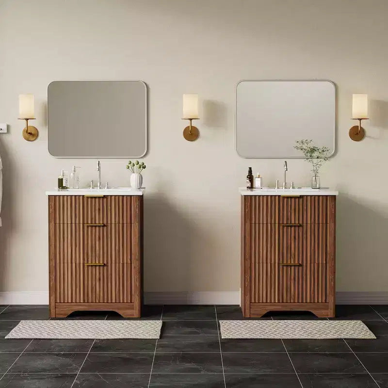 Modern Fluted Bathroom Vanity Set with Integrated Ceramic Basin Freestanding Bathroom Storage Vanity Cabinet with 3 Drawers for Contemporary Bathroom