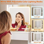 DobleePy Modern Vanity Desk with Sliding Mirror & LED Lights, 4 Drawers, 7 Shelves, Charging Station & Stool, Makeup Dressing Table for Bedroom