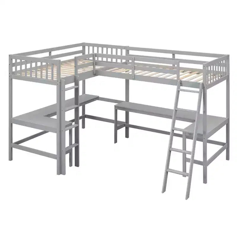 119''L 79.5''W Wood Twin Size L-Shaped Loft Bed with Ladder and 2 Built-in L-Shaped Desks