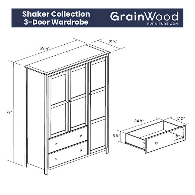 Grain Wood Furniture Shaker Wood 3-door Armoire - 60x72x22