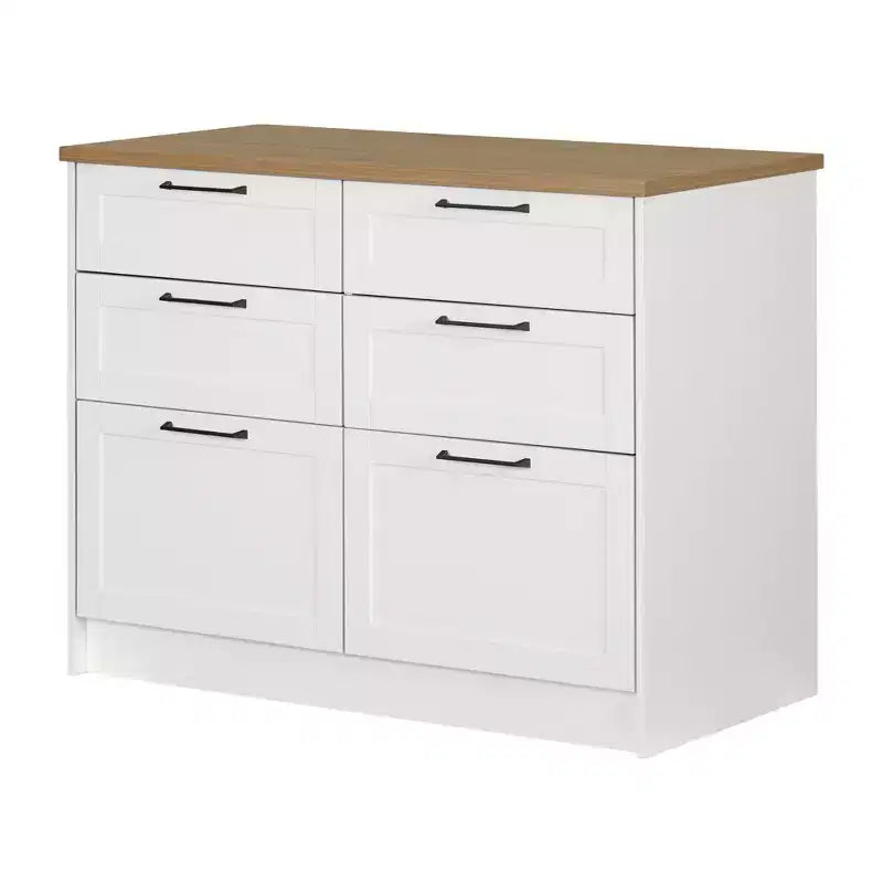 6-Drawer Kitchen Island – Farmhouse Style, White & Maple Nutmeg, 47.25W