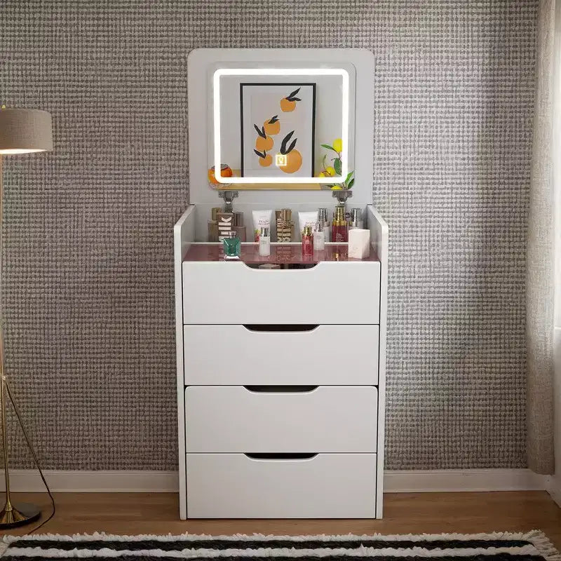Okak 3-In-1 Vanity Table with Plip Top Mirror, Compact Vanity with Visible Glass Desktop and Cushioned Tool, Vanity Desk for Bedroom