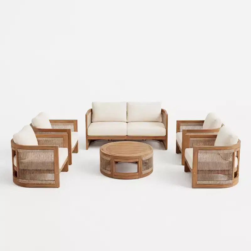 Christopher Knight Home Crune 6 Piece Outdoor Acacia Wood Curved Tub Design Seating Set with Woven Rope