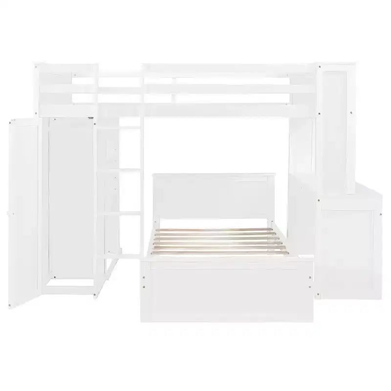 Luxystar Full over Twin L Shaped Bunk Bed with Desk, Bookcase and Wardrobe