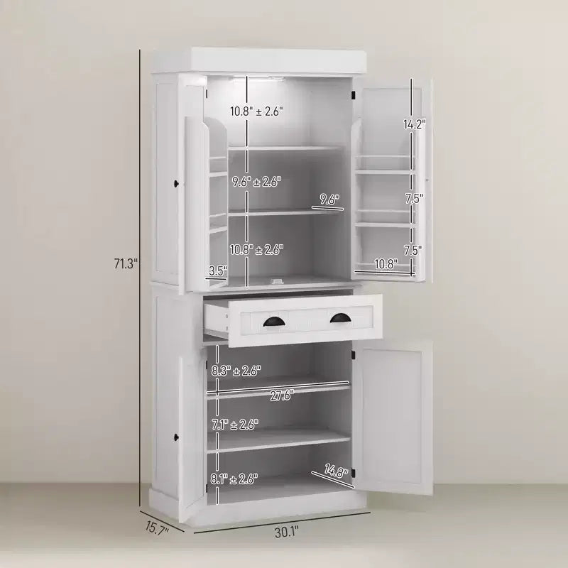 71 Kitchen Pantry Cabinet with LED Lights, 6 Door Shelves, a Drawer and 4 Adjustable Shelves