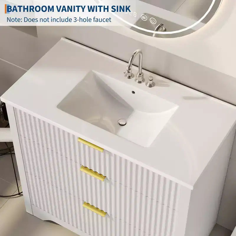 Modern Fluted Bathroom Vanity Set with Integrated Ceramic Basin Freestanding Bathroom Storage Vanity Cabinet with 3 Drawers for Contemporary Bathroom